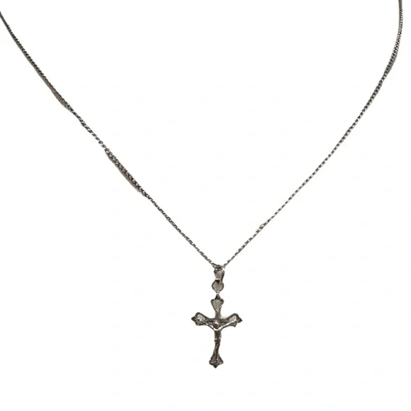 Elegant Sterling Silver Cross Pendant Crucifix Necklace on Stainless Steel Chain - Picture 1 of 10
